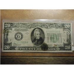 1934-A $20 FEDERAL RESERVE NOTE GREEN SEAL HAS A STAIN ON BOTTOM