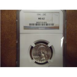 1941 WASHINGTON SILVER QUARTER NGC MS62