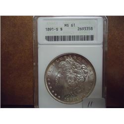 1891-S MORGAN SILVER DOLLAR ANACS MS61