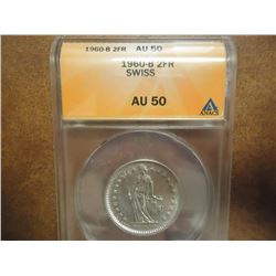 1960-B SWISS SILVER 2 FRANC ANACS AU50