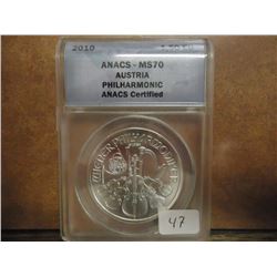 2010 AUSTRIA SILVER PHILHARMONIC 1 1/2 EURO ANACS MS70