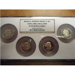 SBA DOLLAR PF DOLLAR SET 1979-S, 80-S, 81-S & 1999-P IN NGC PF69 ULTRA CAMEO, MULTI COIN HOLDER