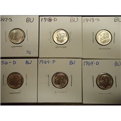 1947-S,48-D,48-S,56-D,64-P & 64-D UNC ROSY SILVER DIMES