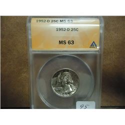 1952-D WASHINGTON SILVER QUARTER ANACS MS63 TONED