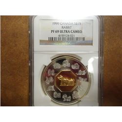 1999 CANADA RABBIT SILVER $15 NGC PF69 ULTRA CAMEO GOLD OVERLAY