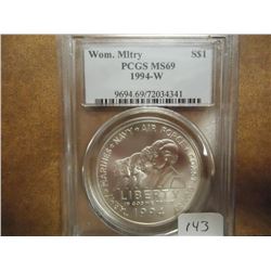 1994-W WOMEN IN THE MILITARY SILVER $ PCGS MS69