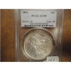 1891 MORGAN SILVER DOLLAR PCGS AU58