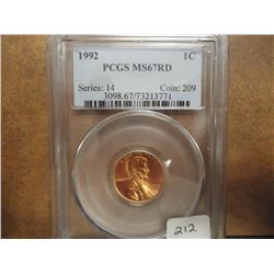 1992 LINCOLN CENT PCGS MS67 RD