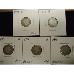 1901-O,02-O,14-D,15 & 16 BARBER DIMES
