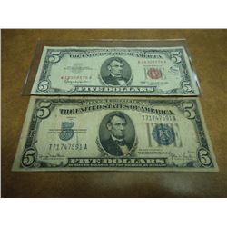 2 US $5 BILLS SEE DESCRIPTION 1934-D SILVER CERT., BLUE SEAL AND 1963 US NOTE RED SEAL