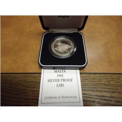 1992 MALTA SILVER PROOF 5 POUNDS 5OTH ANNIVERSARY GEORGE CROSS AWARD TO MALTA, ORIGINAL MINT PACKAGI