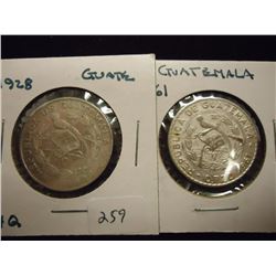 1928 & 1961 GUATEMALA SILVER 1/4 QUETZAL & 25 CENTAVOS