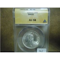 1954-B SWISS SILVER 5 FRANC ANACS AU58