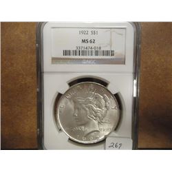 1922 PEACE SILVER DOLLAR NGC MS62