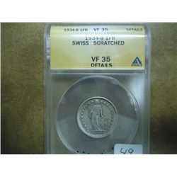 1934-B SWISS SILVER FRANC ANACS VF35 DETAILS