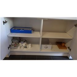 ALL CONTENTS INSIDE LOWER CABINET DOORS, MISC SAMPLERS, CUPS, PAPER PLATES, TEXTURE SPRAY, & MAKEUP
