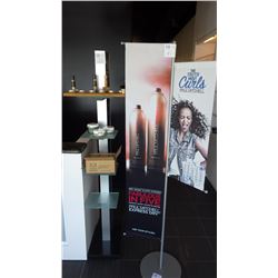 STANDING DISPLAY AND ONE DISPLAY WITH GLASS SHELVING AND TESTER PRODUCTS AS PICTURED