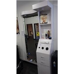 STYLIST STATION CABINET WITH LED LIGHTING, POWER BAR, SHELVING, 2 DRAWERS, AND ONE DOOR AS WELL AS A