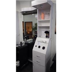 STYLIST STATION CABINET WITH LED LIGHTING, POWER BAR, SHELVING, 2 DRAWERS, AND ONE DOOR AS WELL AS A