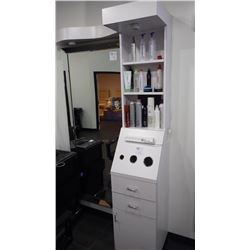 STYLIST STATION CABINET WITH LED LIGHTING, POWER BAR, SHELVING, 2 DRAWERS, AND ONE DOOR AS WELL AS A