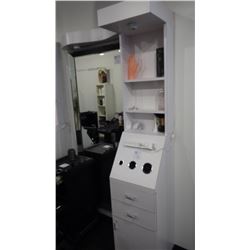 STYLIST STATION CABINET WITH LED LIGHTING, POWER BAR, SHELVING, 2 DRAWERS, AND ONE DOOR AS WELL AS A