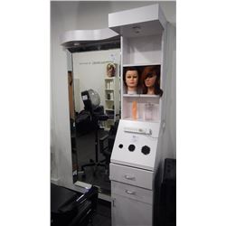 STYLIST STATION CABINET WITH LED LIGHTING, POWER BAR, SHELVING, 2 DRAWERS, AND ONE DOOR AS WELL AS A