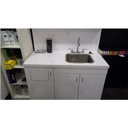 UPPER AND LOWER MALEMINE CABINET WITH STAINLESS STEEL SINK AND FAUCET AS WELL AS  CONTENTS IN THE LO