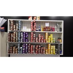 APPROX 295 BOXES AND BOTTLES OF HAIR COLORANT IN UPPER CABINET AND ON SHELF BESIDE