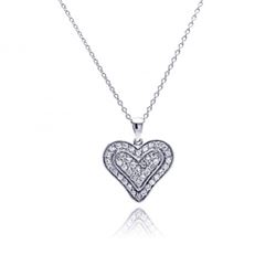 Sterling Silver Clear CZ Rhodium Overlay Single Heart Necklace - WSP-stp00110