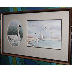 FRAMED WATERCOLOR OF SWANS BY D MALONEY 1979
