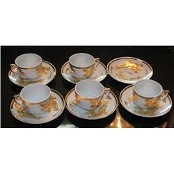 5 CUPS WITH 6 SAUCERS HAND PAINTED MARKED SHERAFAT
