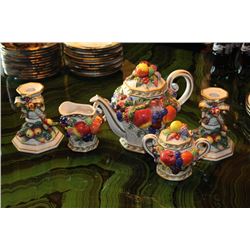 FITZ & FLOYD TEAPOT, CREAM AND SUGAR WITH 2