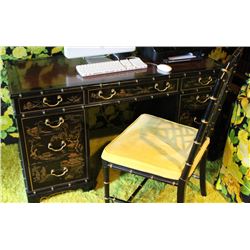 CHINESE CHINOISERIE PEDESTAL DESK WITH CHAIR.