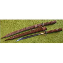 PAIR OF SWORDS- CARVED BALSAM HANDLE WITH CASE