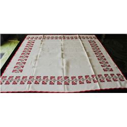 RED CROCHET EDGED CROSS-STITCHED TABLE CLOTH