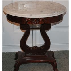 MAHOGANY LYRE BASED TABLE WITH MARBLE TOP