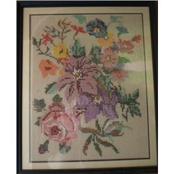 FRAMED CROSS STITCH FLORAL  19" X 23" WITH FRAME