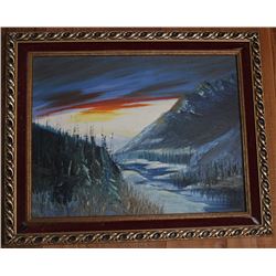FRAMED PALLETTE PAINTING OF BC MOUNTAIN SCENE