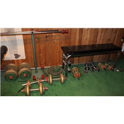 BLACK WEIGHT BENCH WITH DUMBELLLS AND 2 STANDS