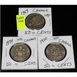 3 CANADA UNCIRCULATED HALF DOLLARS-1969,