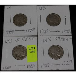 4 US INDIAN HEAD-BUFFALO NICKELS-1920,27,