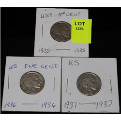 3 US INDIAN HEAD-BUFFALO NICKELS-1935,36 &37