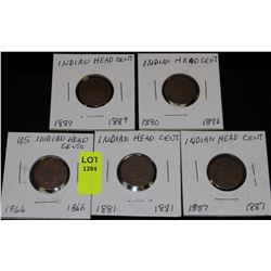 5 US INDIAN HEAD PENNIES-1866,81,87,89 & 90
