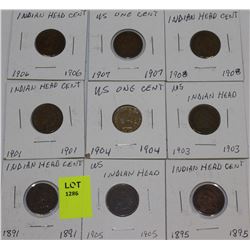 9 US INDIAN HEAD PENNIES-1891,95,1901,03,04,