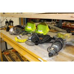 SHELF LOT OF ASSORTED TOOLS; DEWAULT GRINDERS, CONSTRUCTION HARD HATS, ETC