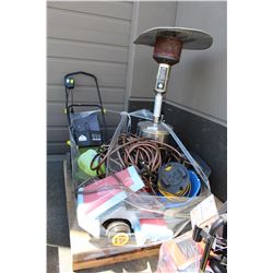 PALLET LOT OF ASSORTED ITEMS; PROPANE OUTDOOR HEATER, GARDEN HOSE, ELECTRIC LAWN MOWER, ETC