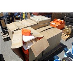 PALLET LOT OF SMALL ORANGE FISHERMANS BELT PACK TACKLE BOXES