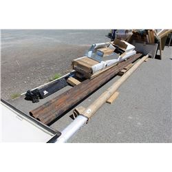 PALLET LOT OF ASSORTED CONSTRUCTION MATERIALS; GARAGE DOOR PANELS, PVC PIPE, ETC