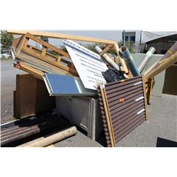 LARGE PALLET LOT FULL OF ASSORTED BUILDING ITEMS; METAL SHEETING, PLYWOOD, 2X4S ETC