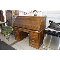 DOUBLE PEDESTAL OAK ROLL TOP DESK